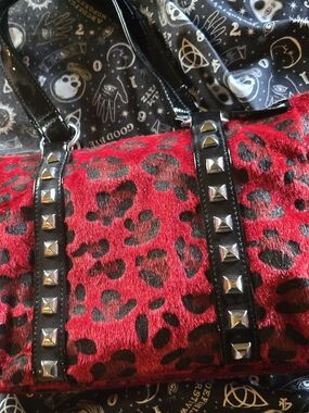 Sourpuss Red and Black Leopard Studded Shoulder Bag